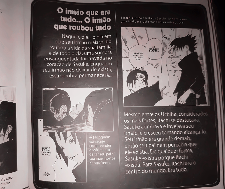 Descrição da relação entre Sasuke e Itachi no Guia Oficial de Personagens: O livro secreto da batalha (Databook 2)
